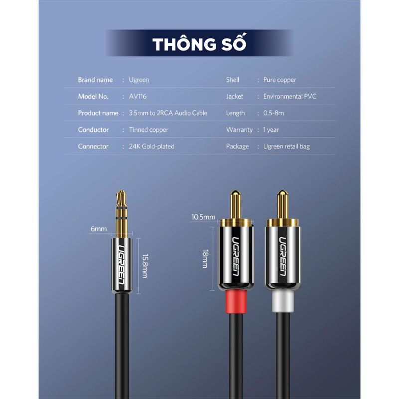 Dây cáp Audio 3.5mm ra 2 đầu RCA  UGREEN AV116 - Hàng chính hãng