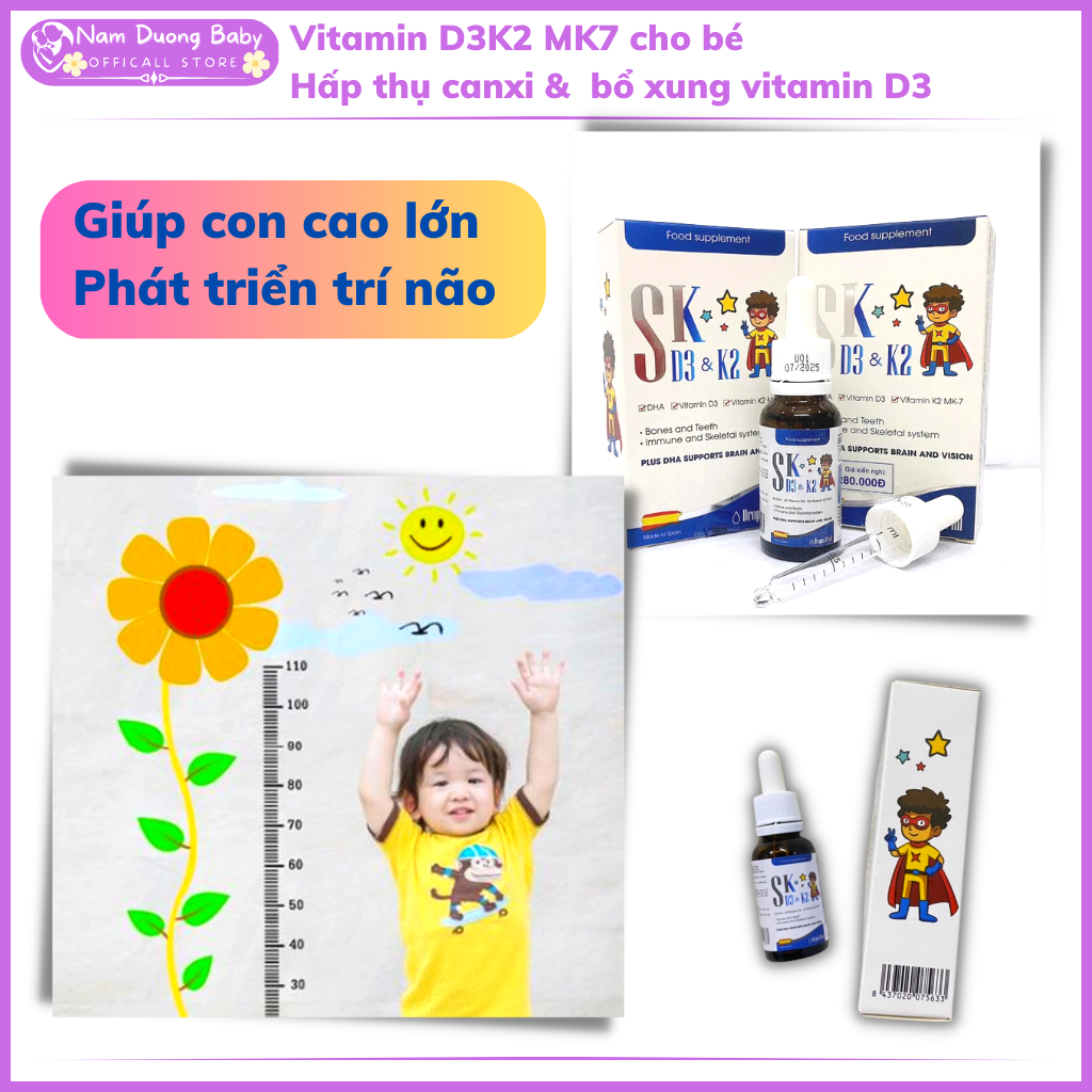Vitamin D3 K2 MK7  Hỗ trợ hấp thu canxi SK D3 K2 bổ xung vitamin D3 vitamin K2 MK-7 cho bé trẻ nhỏ
