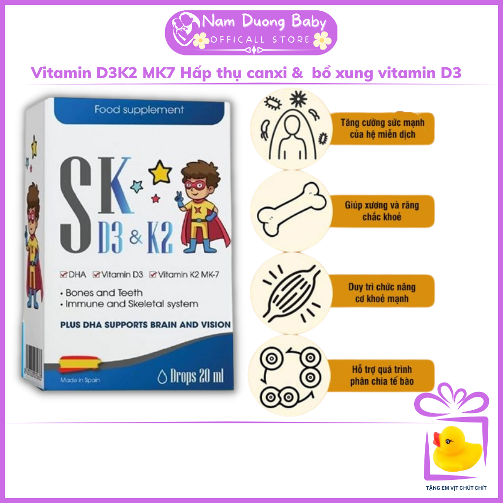 Vitamin D3 K2 MK7  Hỗ trợ hấp thu canxi SK D3 K2 bổ xung vitamin D3 vitamin K2 MK-7 cho bé trẻ nhỏ