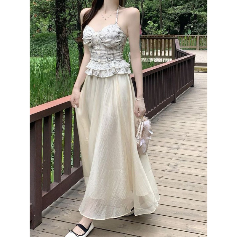( ORDER ) Set Áo Cổ Yếm 2 Dây Phối Bèo Ren & Chân Váy Dài Xoè