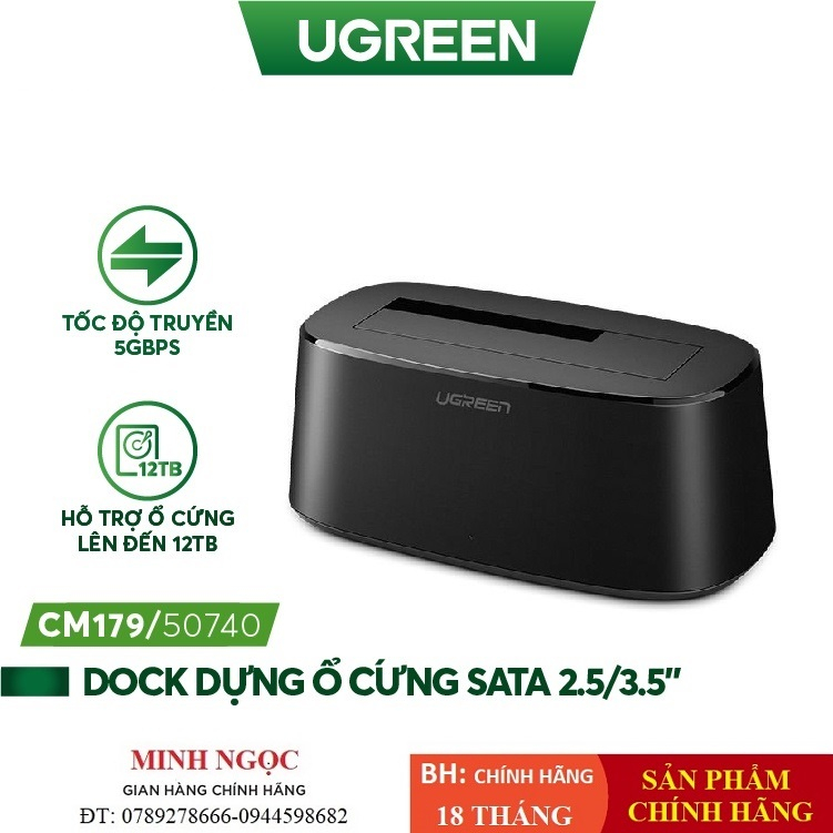 HDD Docking Ugreen 50740 Hộp đựng ổ cứng Sata 2.5/3.5inch hỗ trợ 12TB chuẩn USB 3.0 cao cấp - Sản phẩm chính hãng
