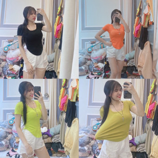    Combo 2 Áo _ 70k  áo thun cổ U tay ngắn dáng vạt bầu from dáng dài Trơn Nữ Cotton 40_58kg  Bigsize  