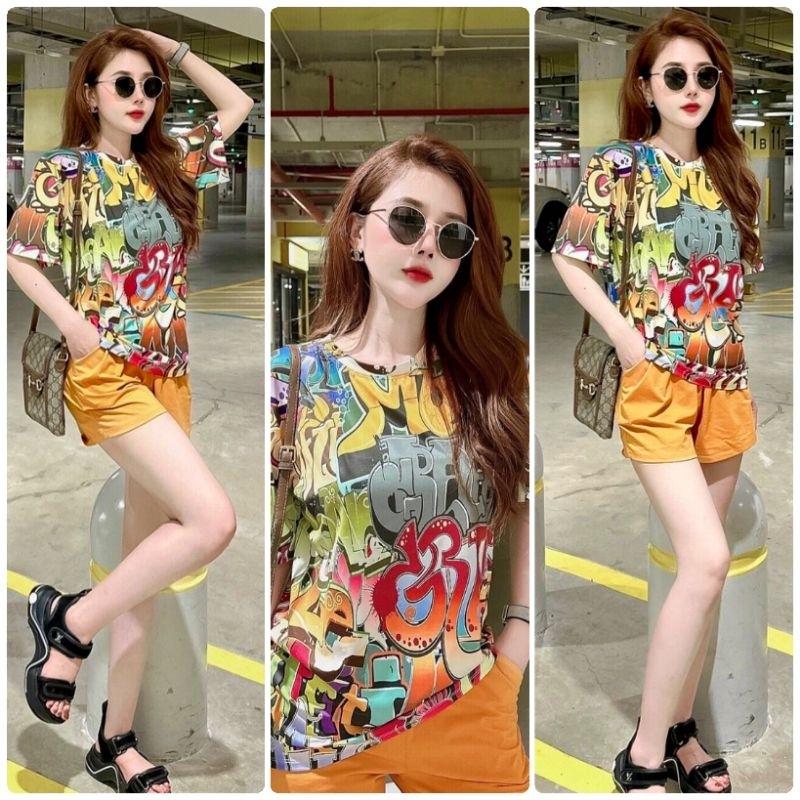 Set Bộ Đùi Form Rộng Áo Thun Lạnh Phối Quần Cotton Màu Cam Tươi Trẻ