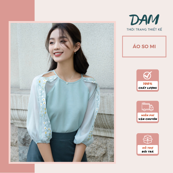 Áo babydoll nữ tơ lụa DAM Store thêu hoa nhí tay phồng thoáng mát, cổ tròn công sở phong cách hàn quốc