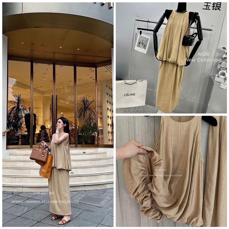Sét áo ba lỗ bom gấu + chân váy đũi linen