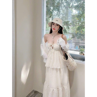 SET ÁO PEPLUM XƯỢC KEM CỔ YẾM KHOÉT NGỰC + CHÂN VÁY MIDI KÈM KHOÁC