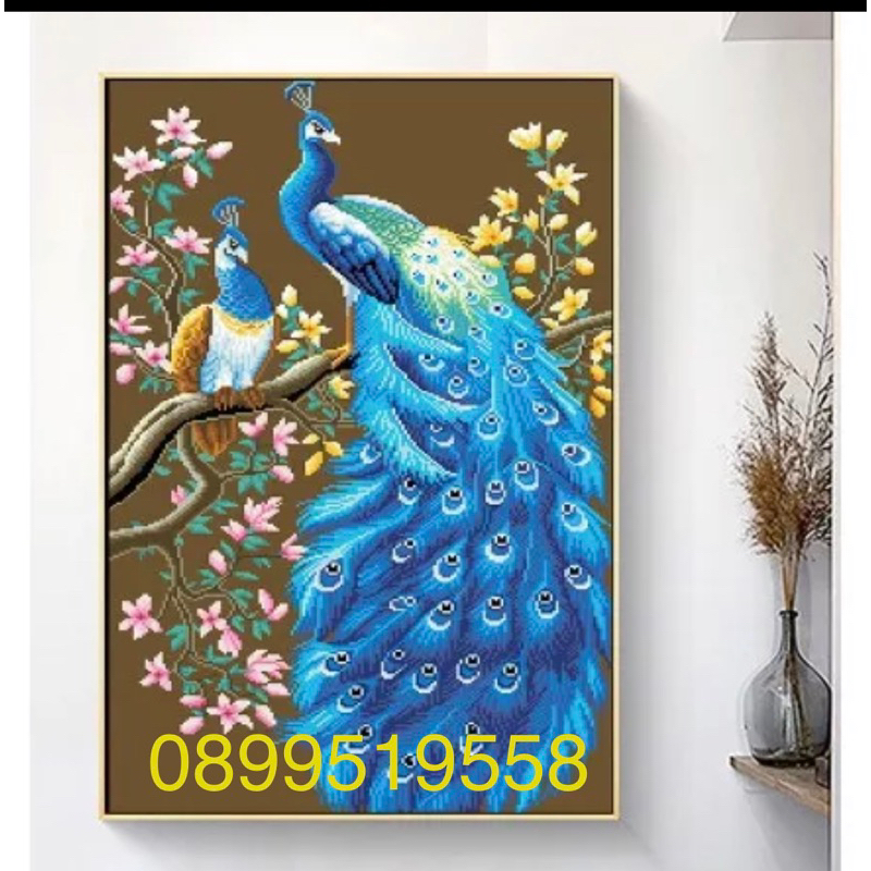Tranh thêu chữ thập Đôi Chim công Xanh phú quý - km009 kt 50x80 cm-tranh tự thêu