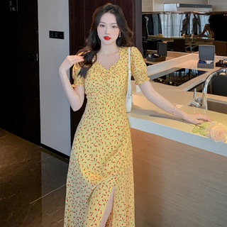 Váy nữ đẹp🎀FREESHIP🎀Váy nữ họa tiết hoa nhí cổ vuông dáng dài xẻ tà màu vàng xinh xắn