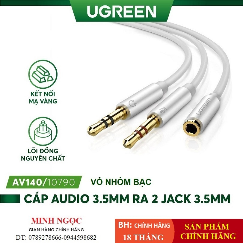 Dây Audio chuyển tai nghe 3.5mm sang 2 đầu Mic và Tai nghe vỏ Nhôm mạ vàng Ugreen 10790 AV140 màu Bạc