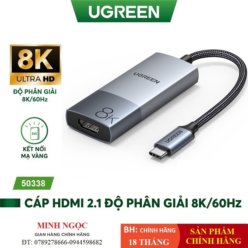 Cáp chuyển USB Type C sang HDMI 2.1 hỗ trợ 8K @ 60Hz chính hãng Ugreen 50338 cao cấp (Vỏ Nhôm) - Bảo hành 18 tháng