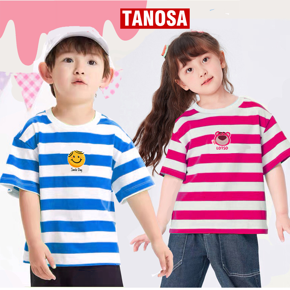Áo phông bé trai, áo thun bé gái cộc tay kẻ sọcTANOSA mùa hè kẻ sọc cotton cho trẻ em 2 đến 7 tuổi in gấu lotso mặt cười