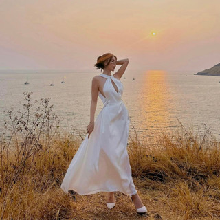 Đầm ashley lụa satin bóng cutout details đai đá eo sang chảnh TKCC