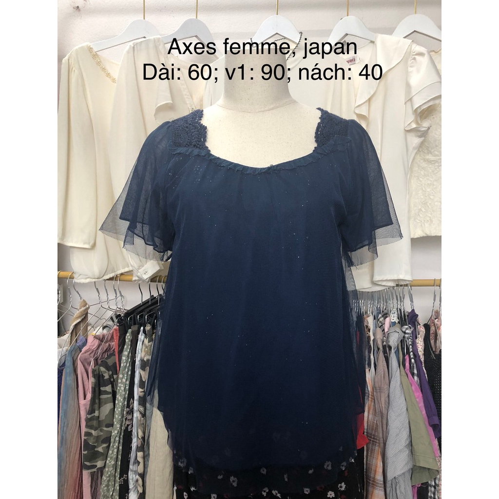 Áo sơ mi si tuyển 2hand cộc tay, màu tím than, phối ren lưới, buộc dây sau