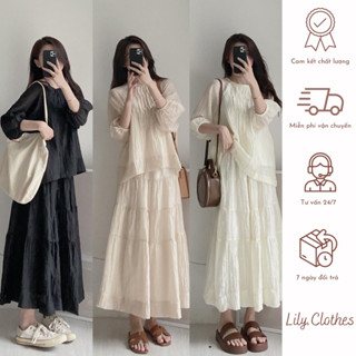 Set áo voan tơ nhăn 2 lớp kèm chân váy xoè dáng dài/ Lucie Set