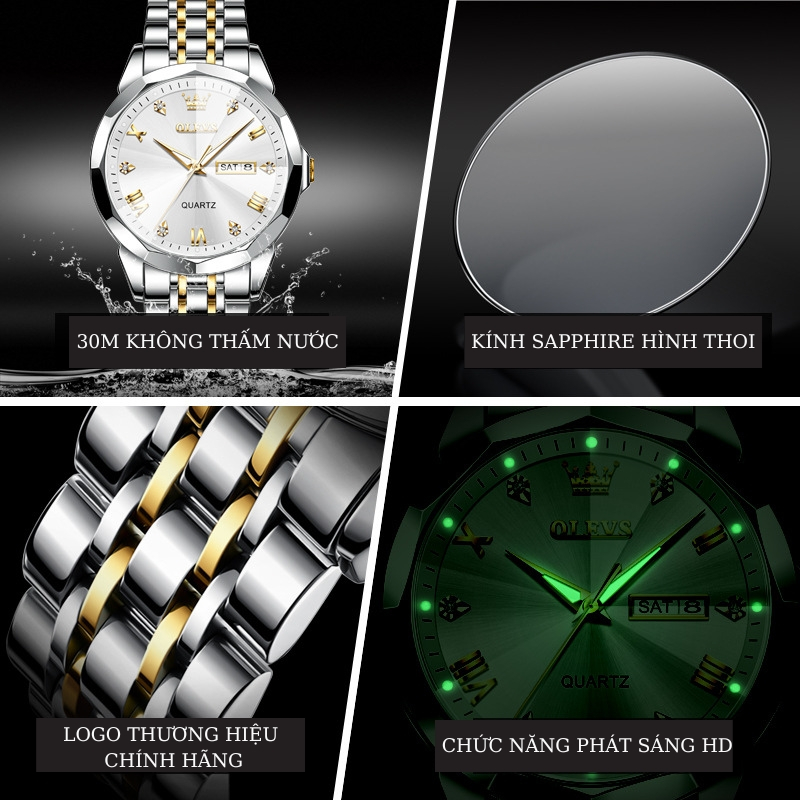 Đồng Hồ Nam Chính Hãng OLEVS 9931 Đồng Hồ Cặp Dây Đeo Bằng Thép Không Gỉ Mặt Kính Sapphire Tạo Hình Kim Cương