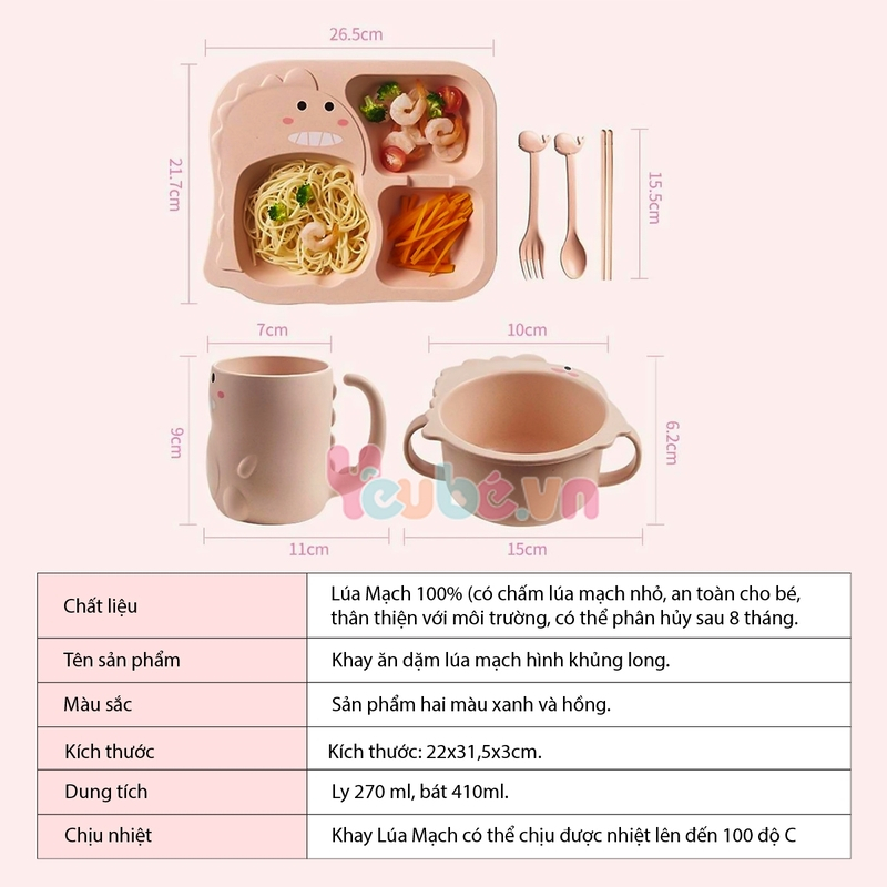 Set khay ăn dặm lúa mạch cao cấp YEUBEVN hình khủng long 6 món kèm cốc bát thìa nĩa đũa siêu đáng yêu cho bé