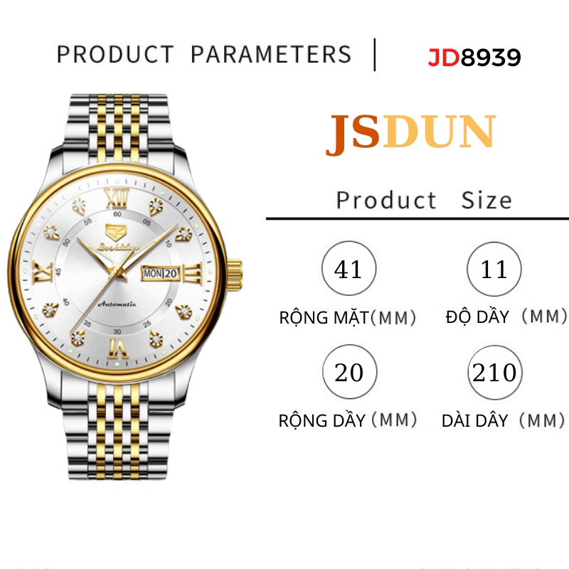 Đồng Hồ Cơ Nam Chính Hãng JSDUN 8939  Đồng Hồ Nam Automatic Dây Thép Đúc Đặc Kháng Nước 5ATM