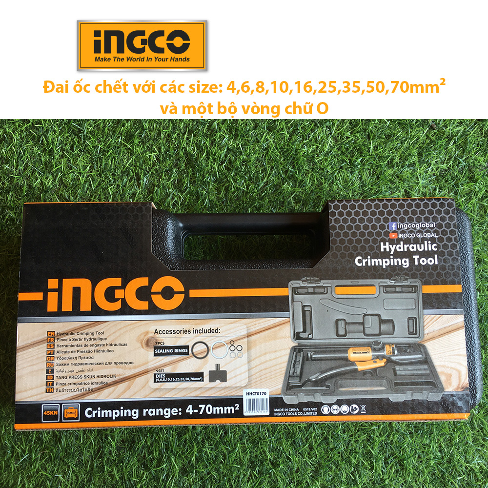 Kìm bấm đầu cos, kìm ép cốt thủy lực INGCO HHCT0170 đai ốc với các size 4,6,8,10,16,25,35,50,70mm²