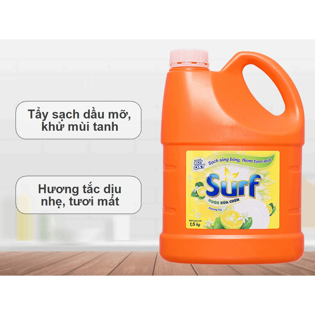 Nước rửa chén Surf hương tắc / chanh sả / lá dứa sạch sáng bóng thơm tươi mát can 1.45 lít