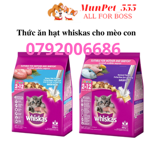 Thức ăn hạt mèo con whiskas Junior vị cá biển và cá thu và sữa gói 450gr