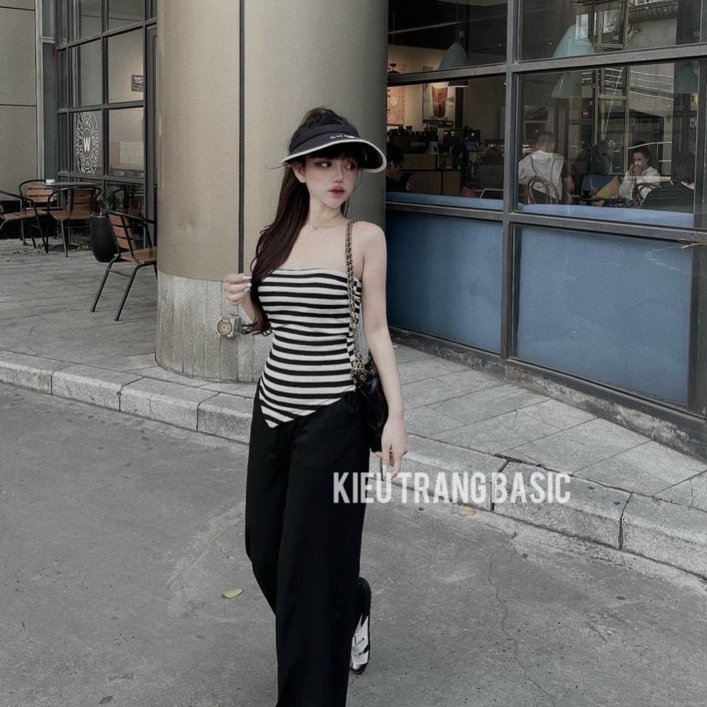 Sét Bộ Đi Chơi_Aó Cúp Ngực Sọc Ngang Mix Quần Ông suông Chất Thun Len Tăm Mềm Mát