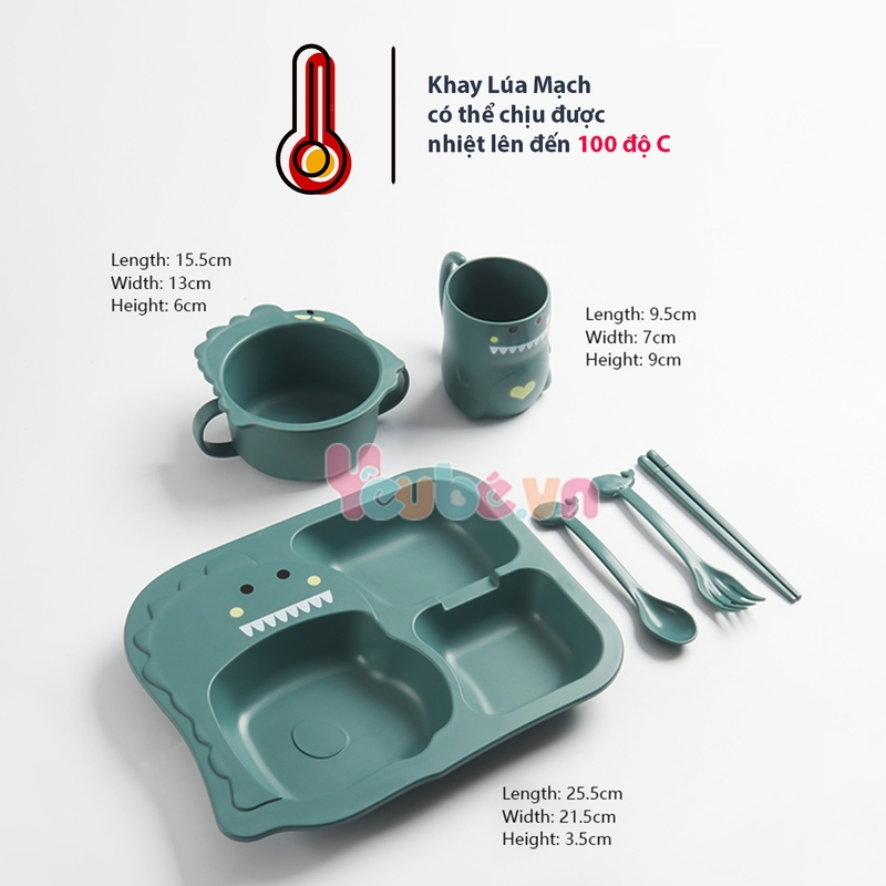 Set khay ăn dặm lúa mạch cao cấp YEUBEVN hình khủng long 6 món kèm cốc bát thìa nĩa đũa siêu đáng yêu cho bé