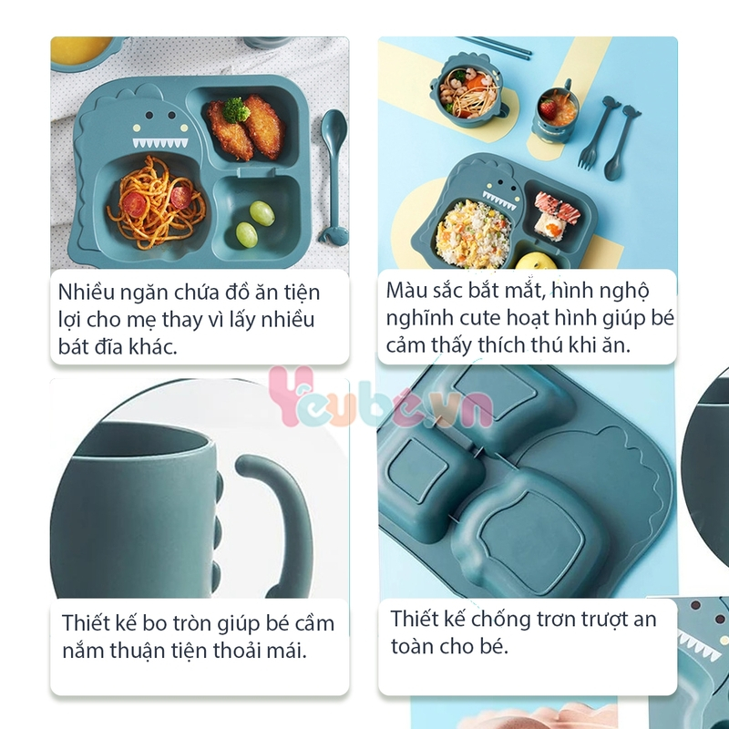 Set khay ăn dặm lúa mạch cao cấp YEUBEVN hình khủng long 6 món kèm cốc bát thìa nĩa đũa siêu đáng yêu cho bé
