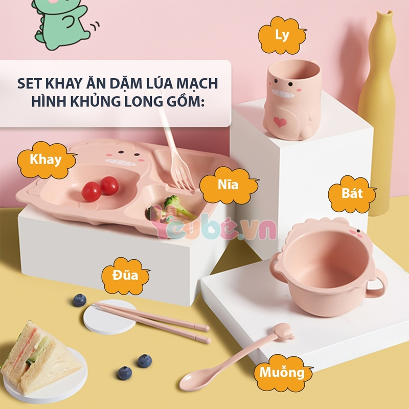 Set khay ăn dặm lúa mạch cao cấp YEUBEVN hình khủng long 6 món kèm cốc bát thìa nĩa đũa siêu đáng yêu cho bé