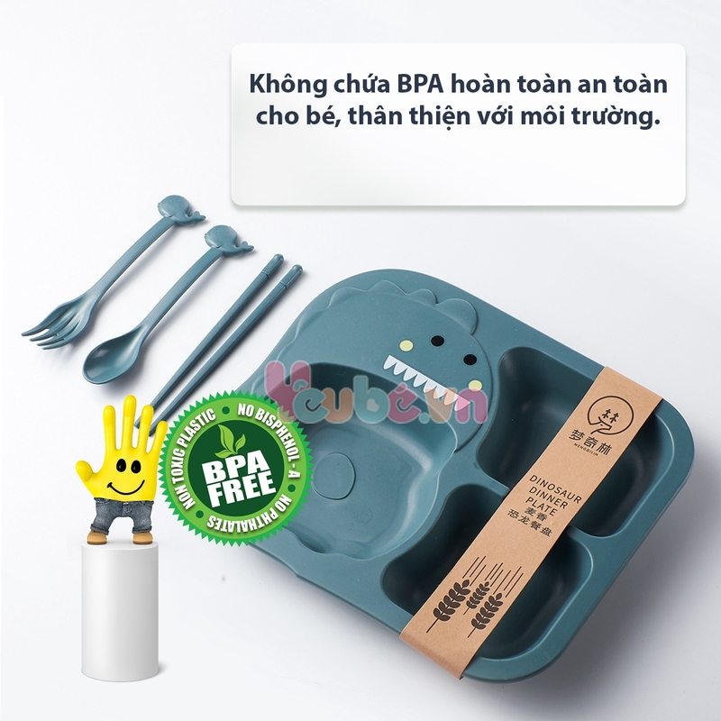 Set khay ăn dặm lúa mạch cao cấp YEUBEVN hình khủng long 6 món kèm cốc bát thìa nĩa đũa siêu đáng yêu cho bé