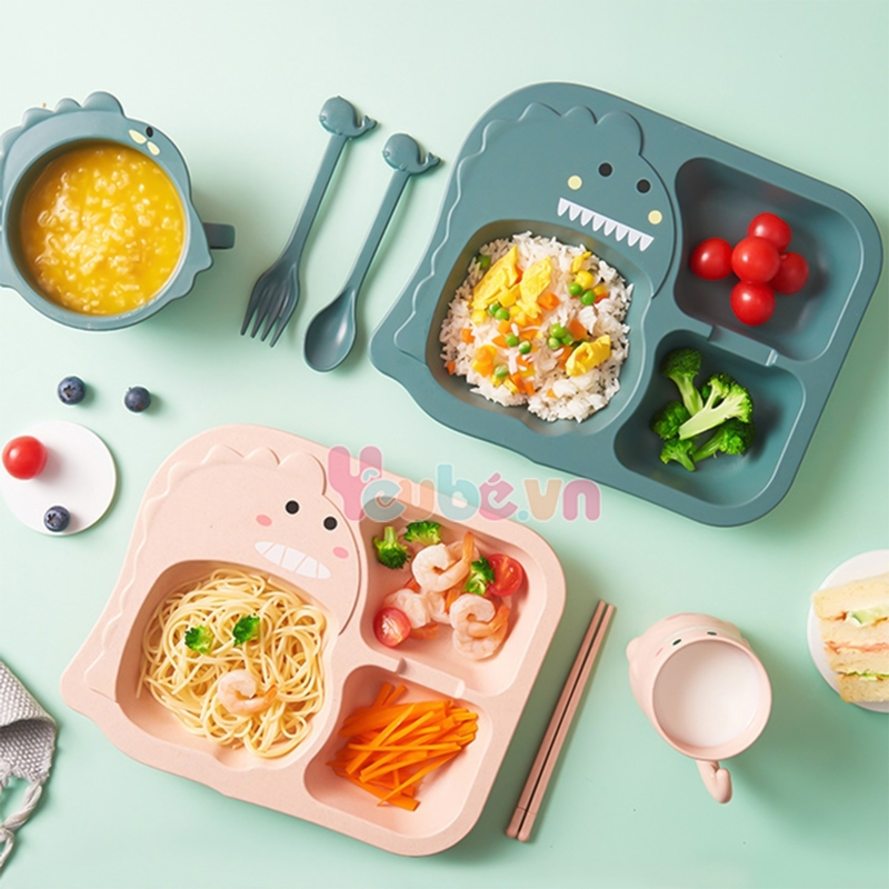Set khay ăn dặm lúa mạch cao cấp YEUBEVN hình khủng long 6 món kèm cốc bát thìa nĩa đũa siêu đáng yêu cho bé