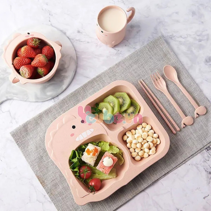 Set khay ăn dặm lúa mạch cao cấp YEUBEVN hình khủng long 6 món kèm cốc bát thìa nĩa đũa siêu đáng yêu cho bé