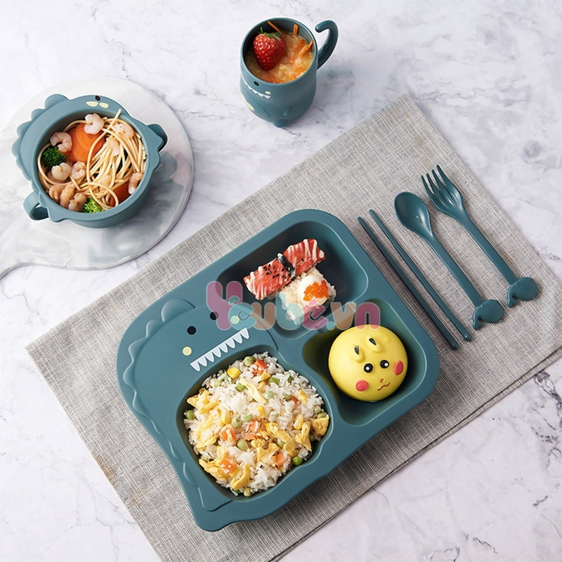 Set khay ăn dặm lúa mạch cao cấp YEUBEVN hình khủng long 6 món kèm cốc bát thìa nĩa đũa siêu đáng yêu cho bé