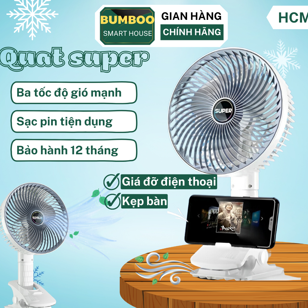 Quạt tích điện để bàn Super, quạt kẹp bàn sạc pin tiện dụng 3 tốc độ gió có giá đỡ điện thoại tiện dụng bảo hành 6 tháng