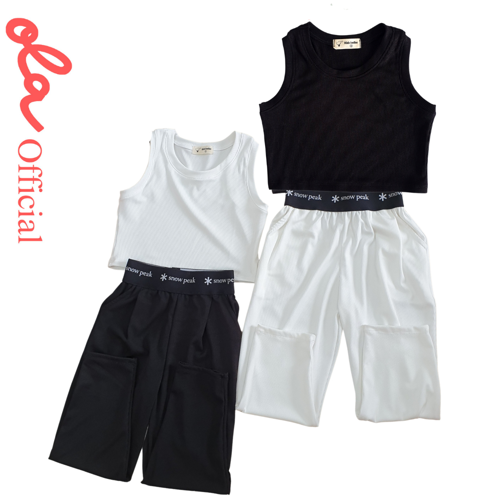 Đồ bộ bé gái vải thun lạnh quần dài dáng baggy ống rộng cạp chun áo croptop sát nách cổ tròn. Bộ đồ bé gái Ola