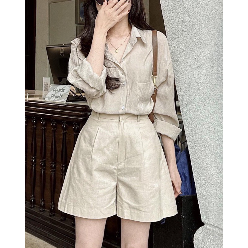 Set Bộ Đồ Nữ Áo Sơ Mi Dài Tay Mix Quần Short Năng Động SB4050 - Vin Store