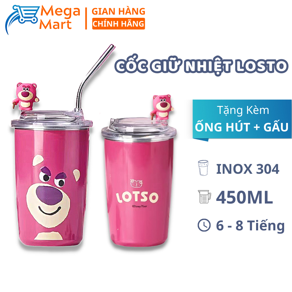 Cốc, Ly Giữ Nhiệt Hình Gấu Dâu LOSTO 450ml, Lõi Inox, Giữ Nhiệt 6 - 8 Tiếng, Siêu Cute