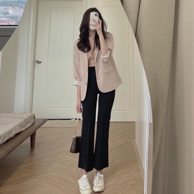 Quần Ống Loe Nữ Lưng Cao Vải Tuyết Mưa Tôn Dáng