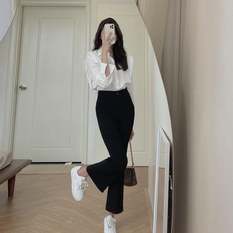 Quần Ống Loe Nữ Lưng Cao Vải Tuyết Mưa Tôn Dáng