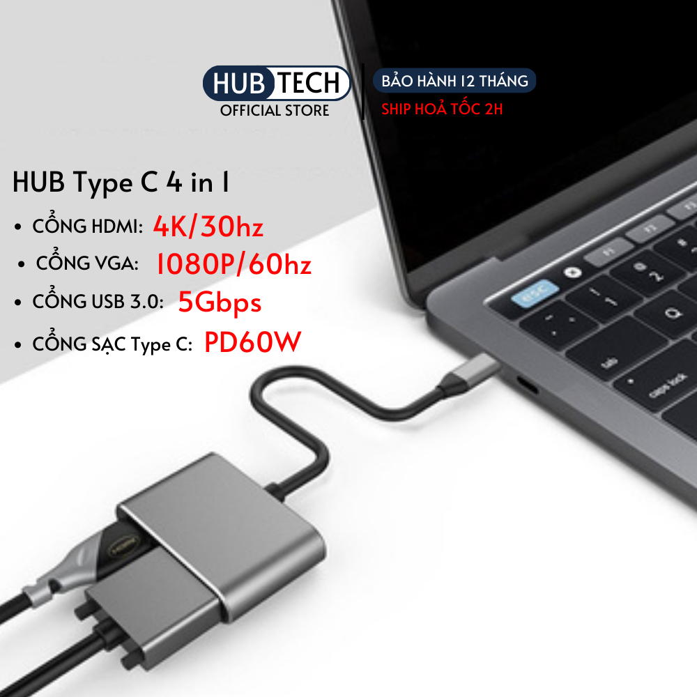 Type C to HDMI VGA USB Type C 4 in 1 dành cho Laptop mac Dell HP và chế độ samsung dex