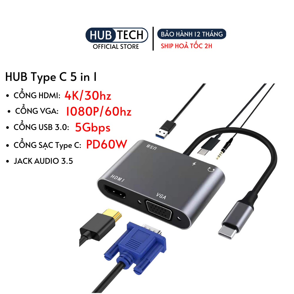 Cáp chuyển Type C ra 4 cổng HDMI VGA USB Type C Mạng Tai nghe  và hỗ trợ chế độ Dex Cho laptop Điện thoại Máy tính bảng