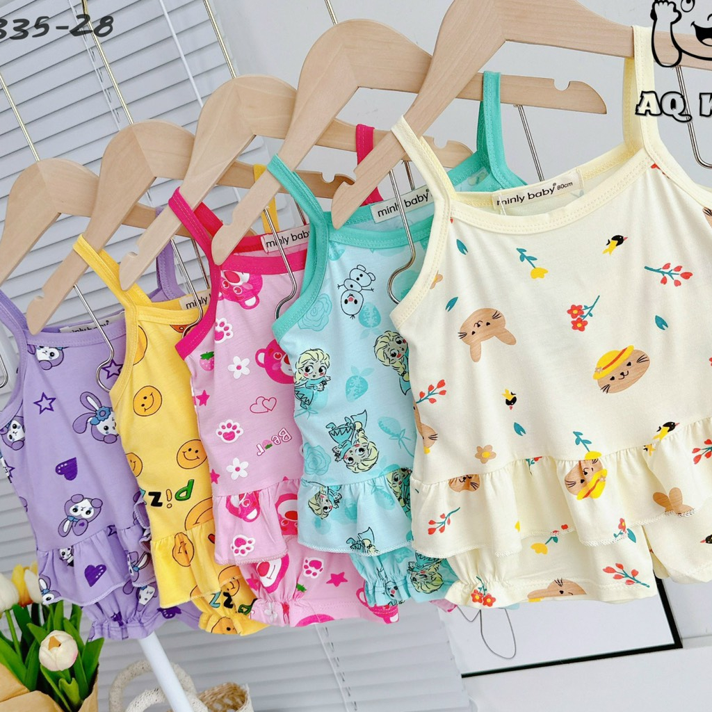 Bộ 2 dây Size 80-130  sọc Minlybaby + quần phối bèo, đính nơ xinh xắn cho bé gái