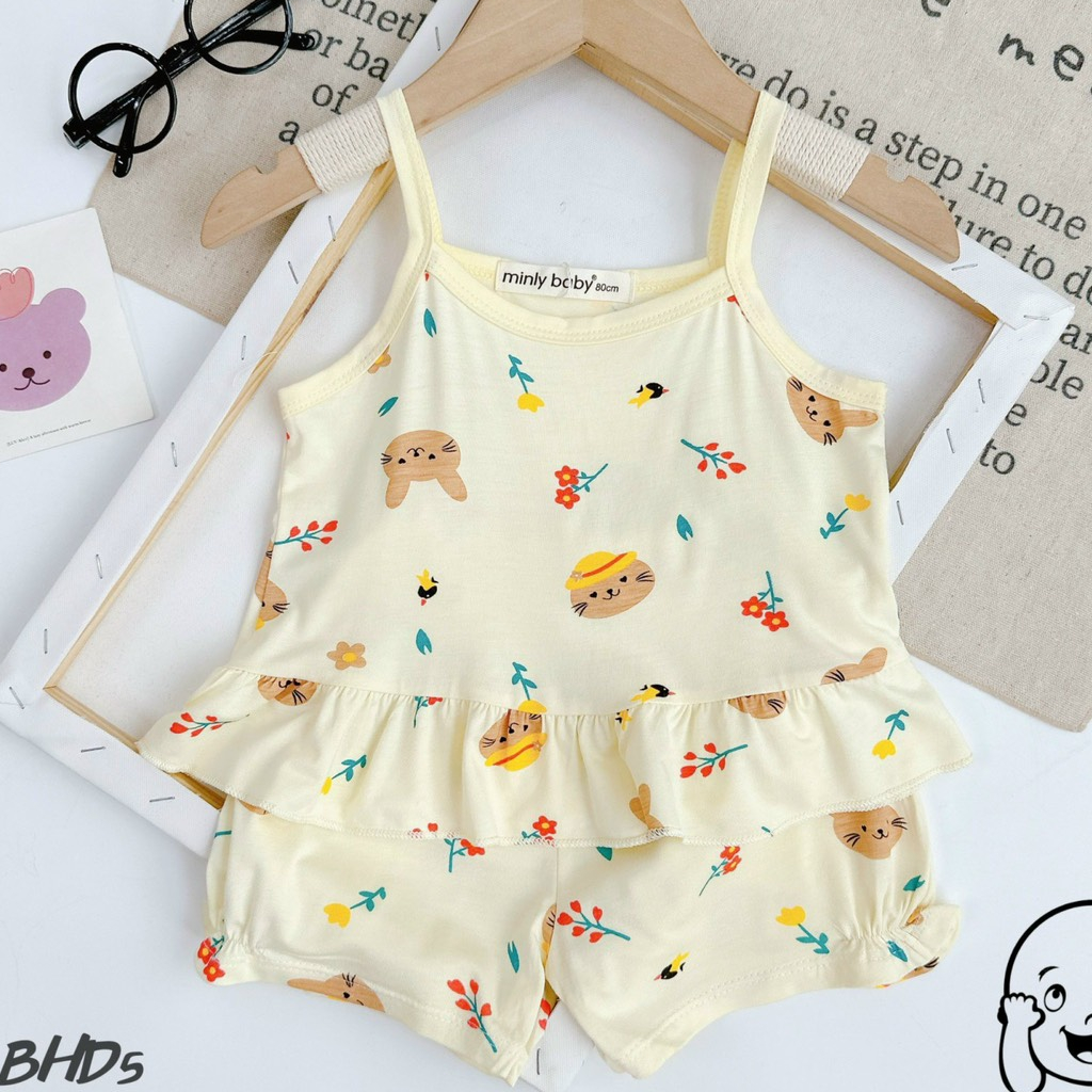 Bộ 2 dây Size 80-130  sọc Minlybaby + quần phối bèo, đính nơ xinh xắn cho bé gái