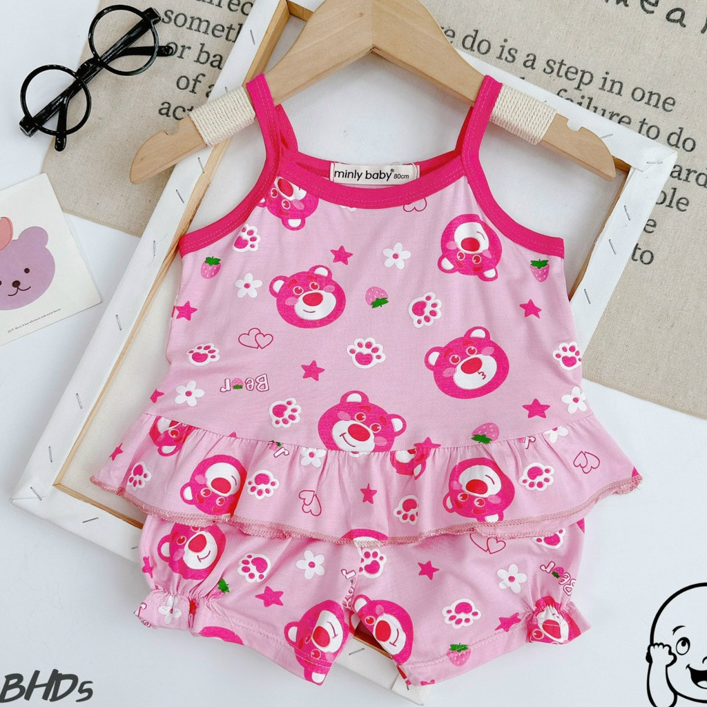 Bộ 2 dây Size 80-130  sọc Minlybaby + quần phối bèo, đính nơ xinh xắn cho bé gái