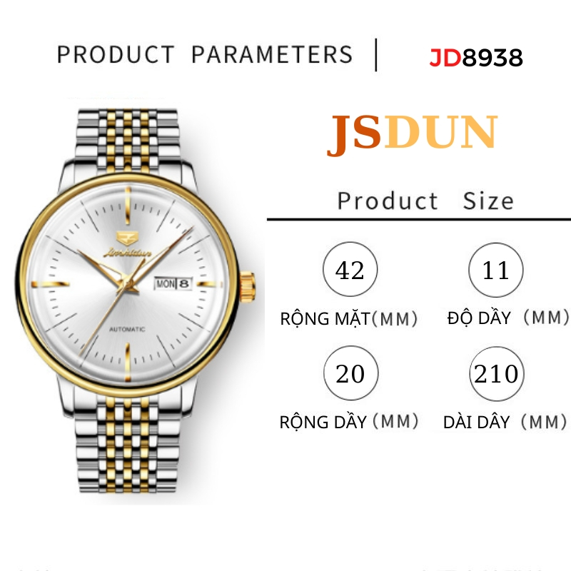 Đồng Hồ Cơ Nam Chính Hãng JSDUN 8938  Đồng Hồ Nam Automatic Dây Thép Đúc Đặc Kháng Nước 3ATM