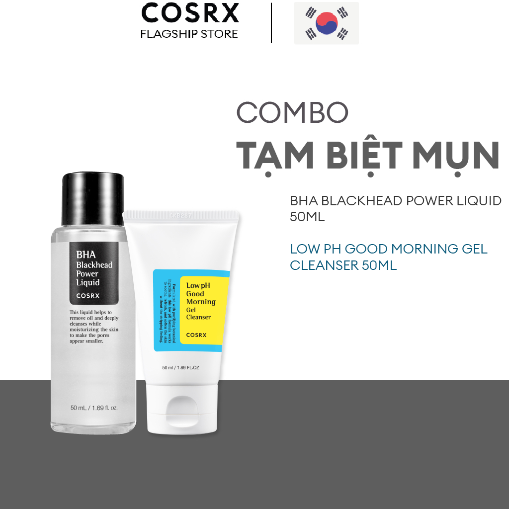 Combo Gel Rửa Mặt Tràm Trà, 0.5% BHA COSRX Low pH Good Morning Gel Cleanser 50ml + BHA Blackhead 50mL