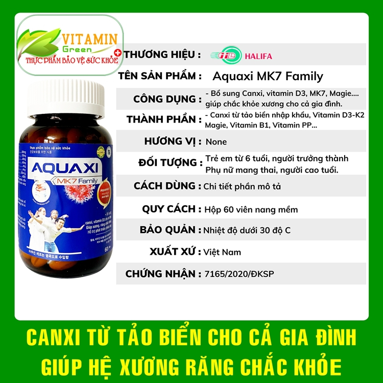 Canxi tảo biển D3 K2 cho cả gia đình AQUAXI MK7 FAMYLY (60 viên) giúp xương răng chắc khỏe