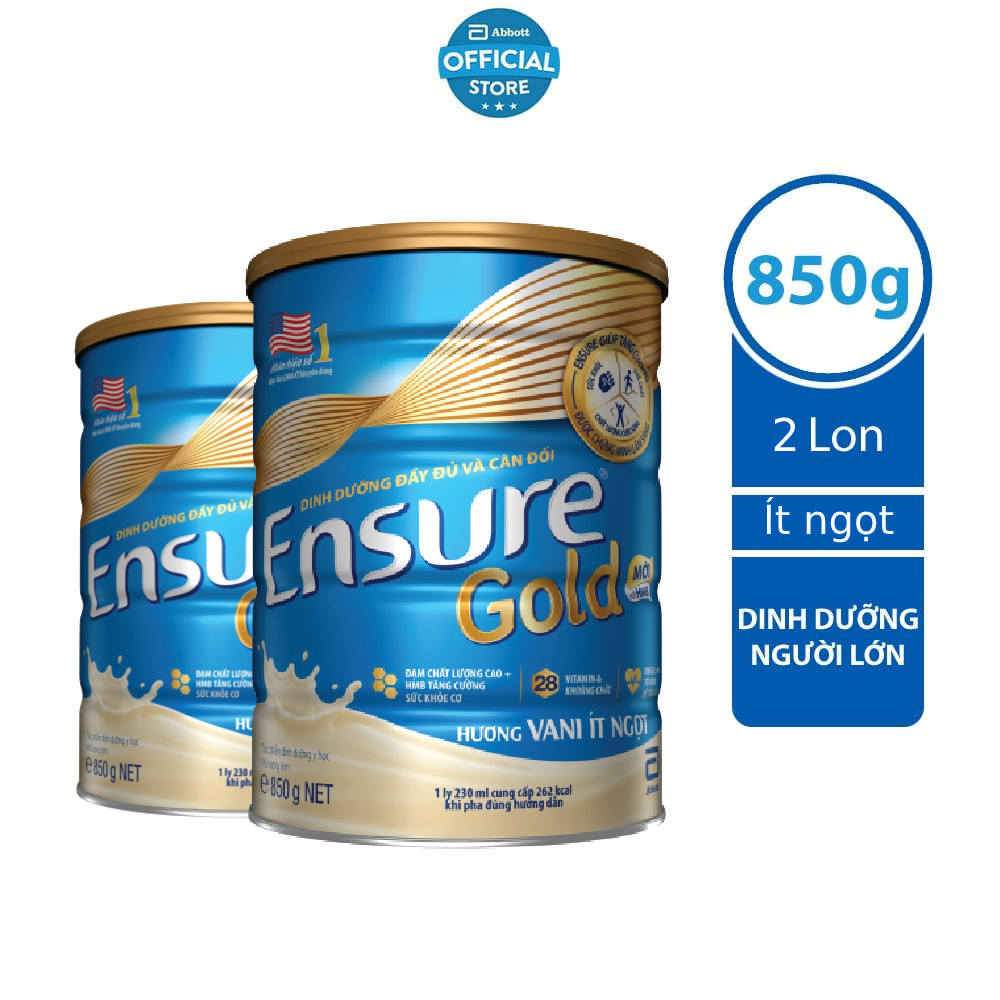 Combo 2 Sữa bột Ensure Gold Abbott ít ngọt (HMB) 850g/lon