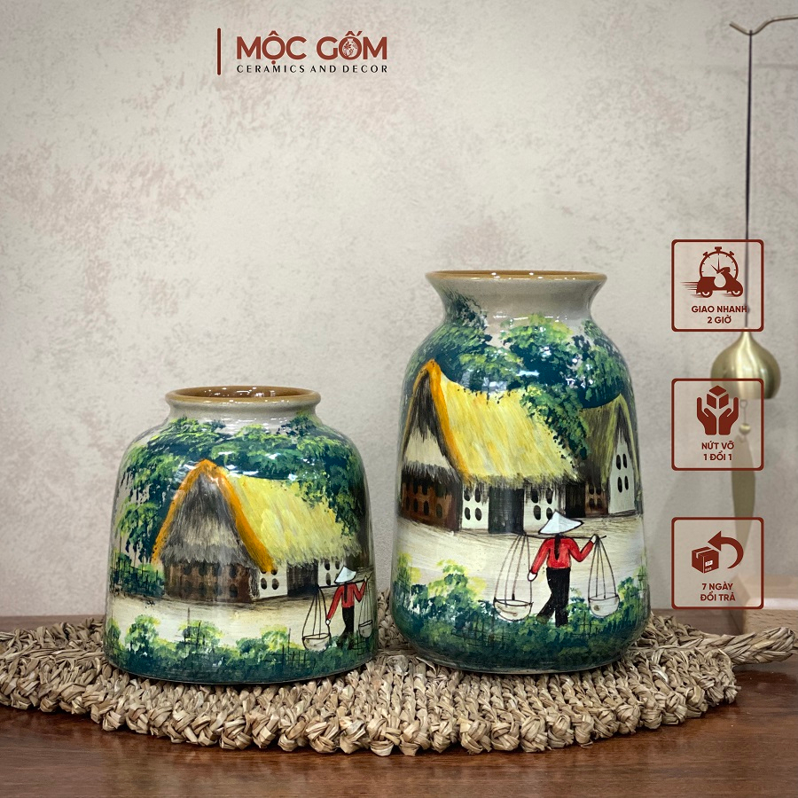 Bình cắm hoa gốm sứ Bát Tràng men xanh vẽ tay họa tiết cảnh làng quê thanh bình | Mộc Gốm MG184