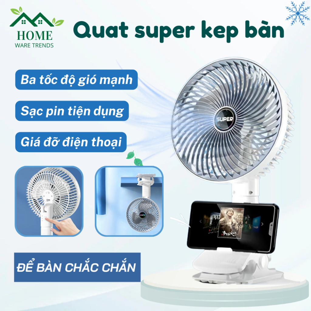 Quạt tích điện để bạn Super, Quạt kẹp bàn sạc tích điện tiện dụng 3 tốc độ gió có giá đỡ điện thoại, bảo hành 12 tháng