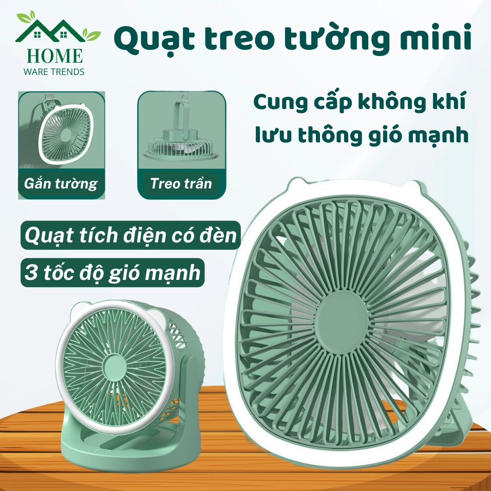 Quạt điện mini treo tường, Quạt tích điện để bàn văn phòng có đèn led sạc pịn USB 3 tốc độ gió điều hoà làm mát không ó
